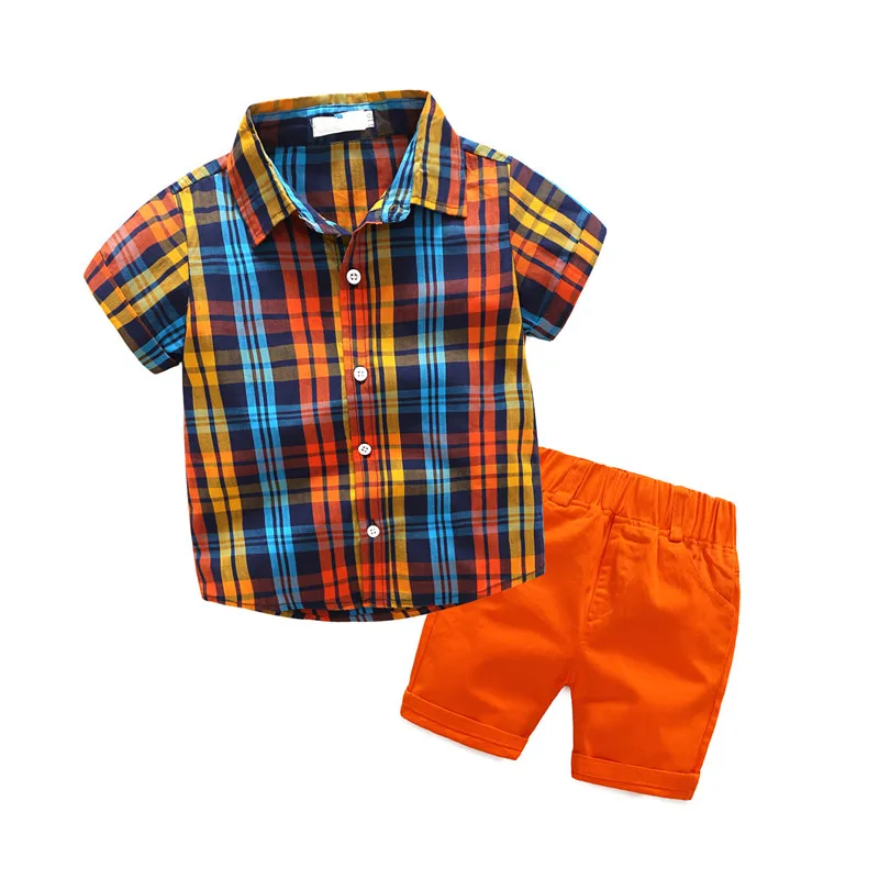 

Summer New Version Clothing Sets Kids Boy Short-Sleeved Plaid Shirt 2 Clothes Set, Please refer to color chart