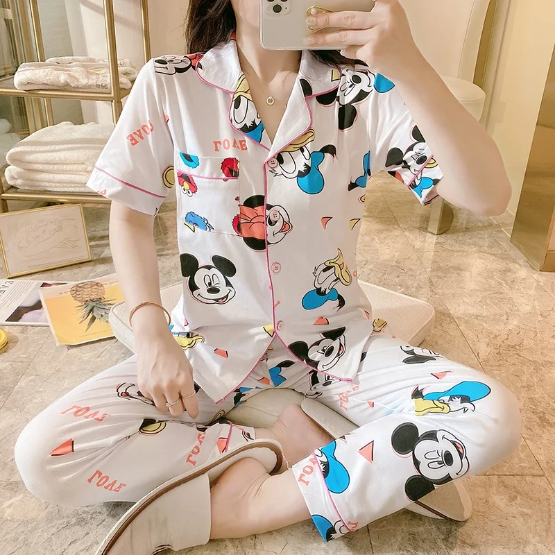

short-sleeved + trousers printed floral pajamas women's pajamas short-sleeved pajamas plus size