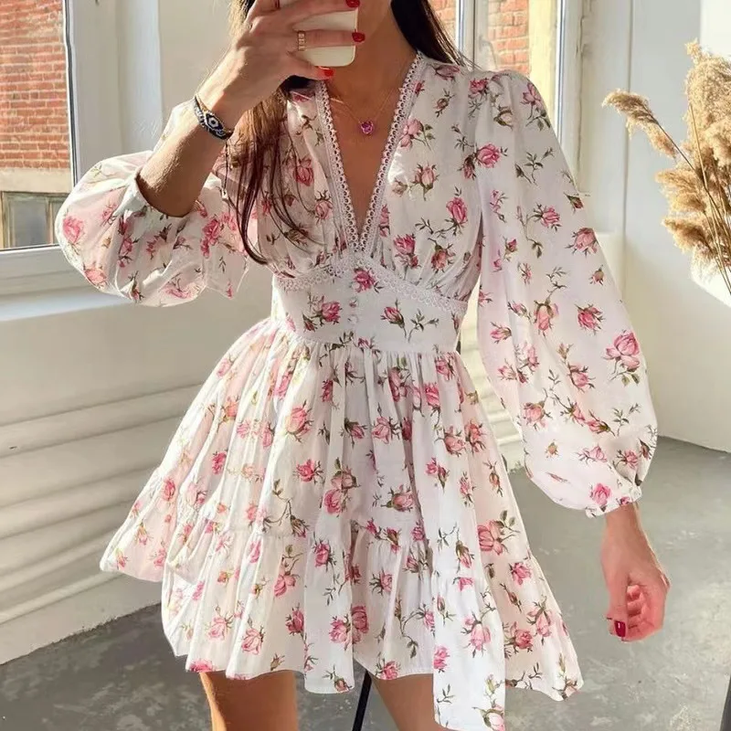 RNSHANGER Women Floral Print Mini Dress High Waist A-Line Autumn Long Sleeve V Neck Dresses Vintage Beach Vacation Casual Dress