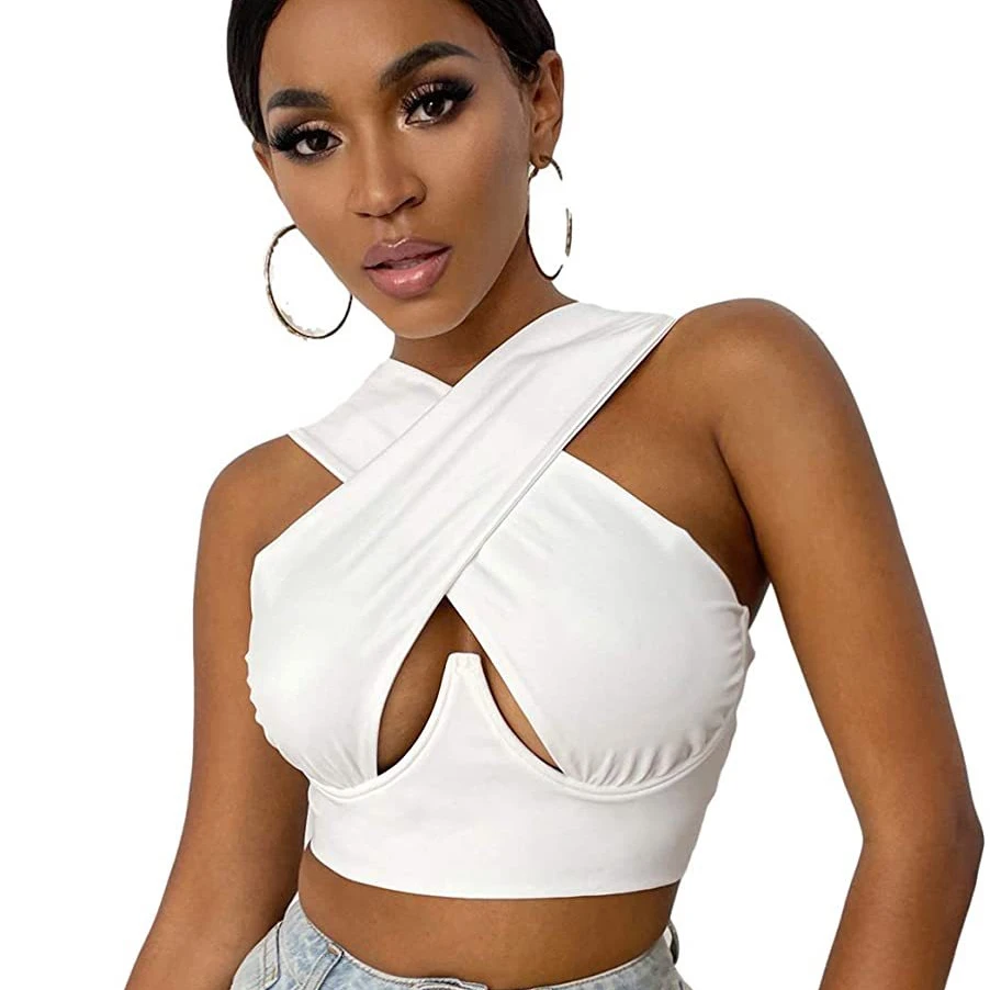 

2021 Amazon hot sell 19 color deep V neck hollow out hole sexy plus size backless cross women plain white crop tops