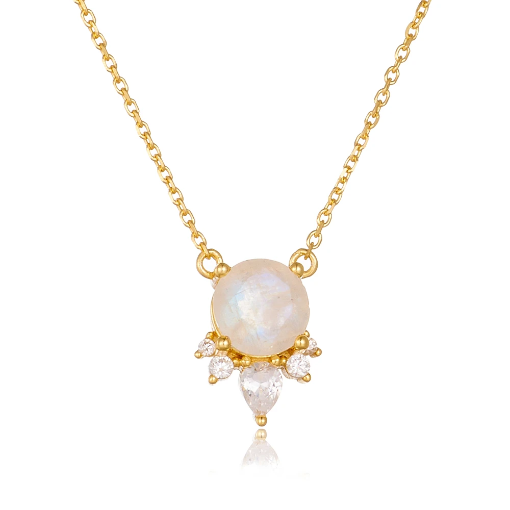 PEISHANG Fashion 7mm Natural Moonstone Jewelry Wholesale 925 Sterling Silver 14K Gold Plate Jewellery Gemstone Necklace for Girl