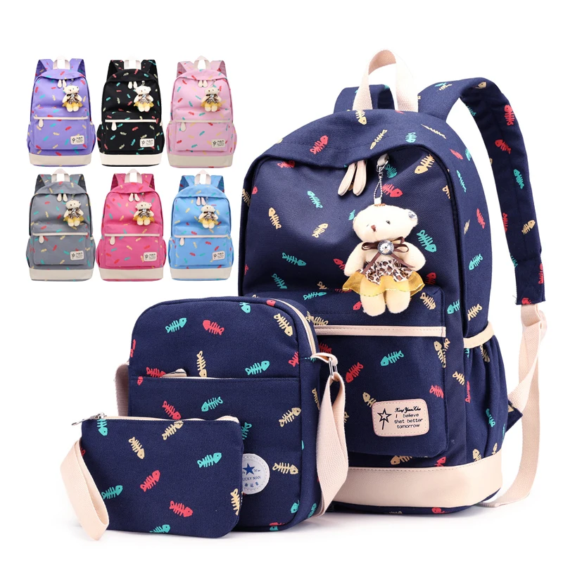 

Factory direct sale eco-friendly smell free custom OEM colorful canvas girl 3 pcs in 1 school laptop backpack set for lady, Black, blue, dark blue, gray, red, pink, purple or custom