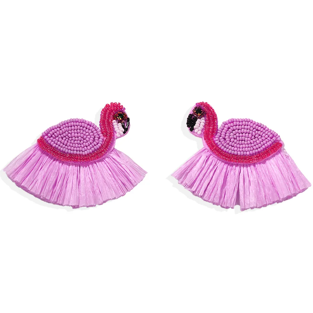 

Bohemia Swan Raffia Fringed Cute Pink Seed Bead Handmade Flamingo jewelry Stud Earrings