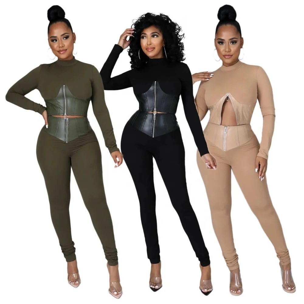

2022 trendy slim fit leather patchwork two piece pants set ladies corset bustier top and leggings set chic fall outfits