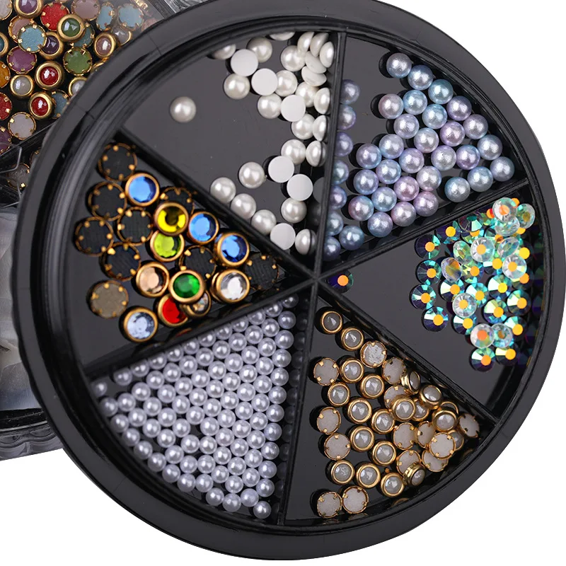 

Wholesale flat diamond metal rivet magic pearl 6 small turntable nail decoration set mixed