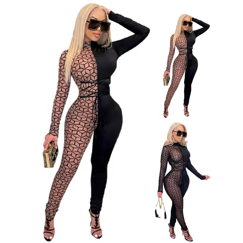

2021 autumn and winter new sexy mesh lace-up printing fashion color matching sports jumpsuit