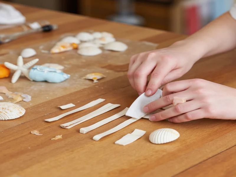 Creating seashell magnets with glue and magnet strips on wooden table