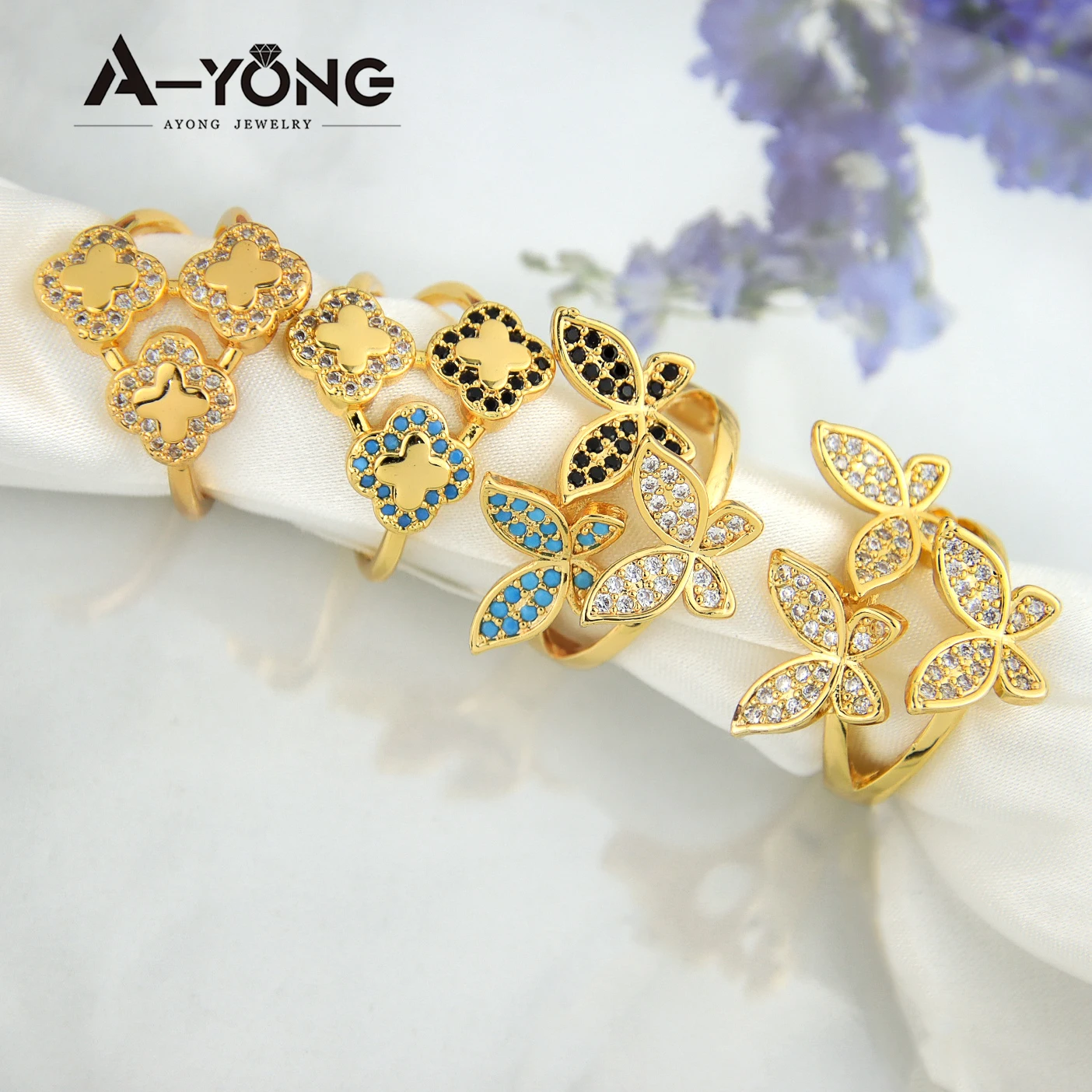 

Ayong Jewelry Zircon Double Clover Ring 18k Gold Ring Jewelry Butterfly Ring for Women