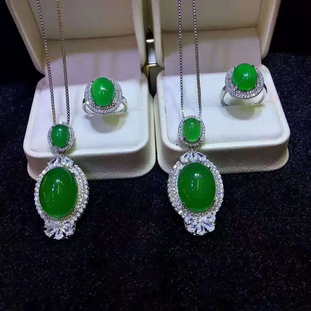 

Certified Emerald 925 Silver Inlaid Chalcedony Pendant White Green Pink Jade Ring Set