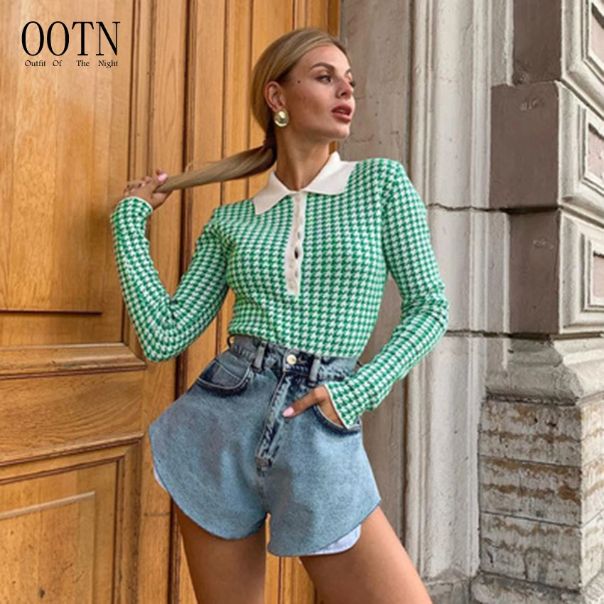

OOTN Elegant 2021 Autumn Fashion Female Polo Collar Long Sleeve Sweater Playsuits Women's Houndstooth Buttons Knitted Bodysuit