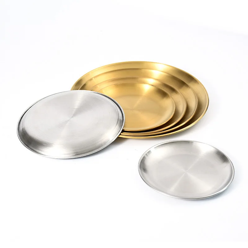 

Luxury gold dishes Korean style Round Barbecue Wedding Charger fruit dinner plate tray stainless steel metal dish