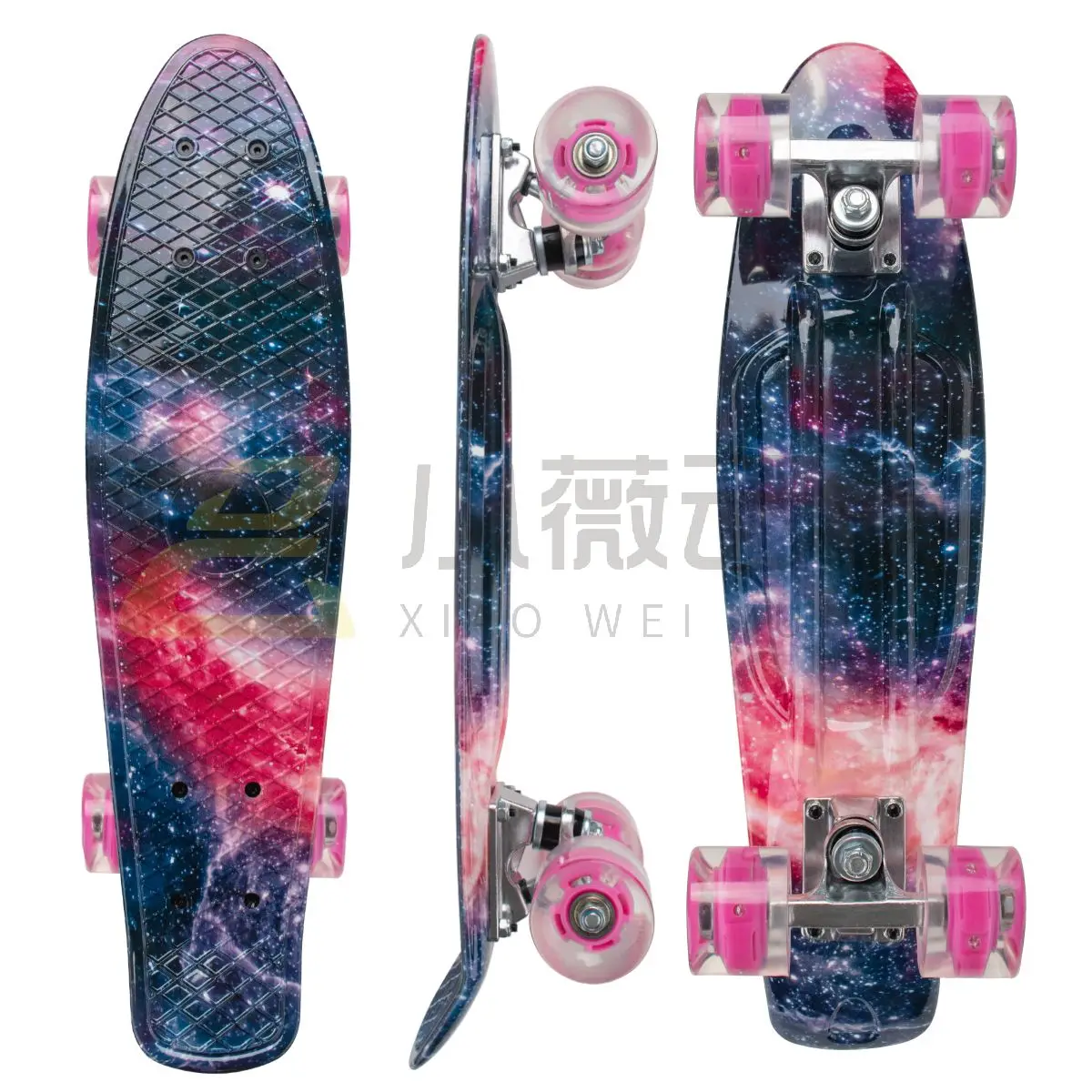 

XW Purple starry sky youngest mini oem customized steel 4 wheels led flashing fish skateboard