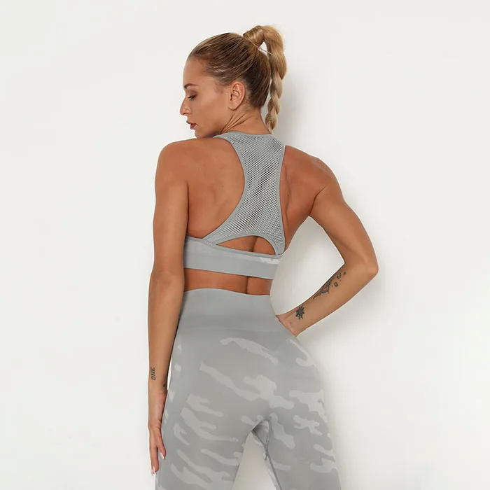 

Sexy Camouflage Yoga Top Gym Sports T-shirts Workout Tank Tops Fitness Mesh Sports Bra, 6 colors