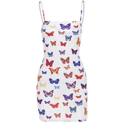 

F10845A Summer Butterfly print slim dress halter dress for women, As picture