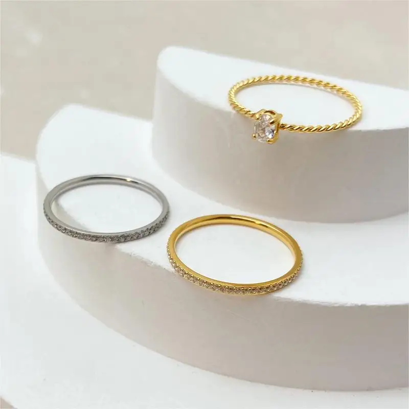 

Oval Zircon Fine Fried Dough Twists Wire Ring Titanium Steel Plated 18K Gold Fashion ins Personality Ring Set