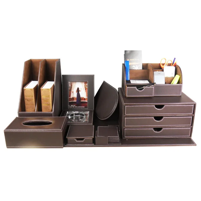 

top quality 10 pieces leather office desk organizer set