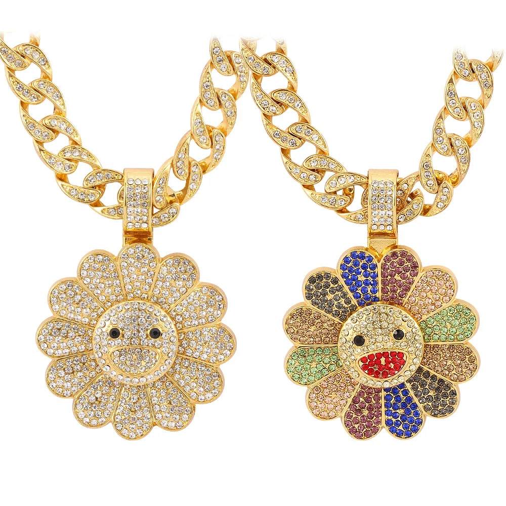 

Hip Hop Ice Out Cuban Link Necklace Rotating Colorful Diamonds Sun Flower Pendant Necklace, Gold