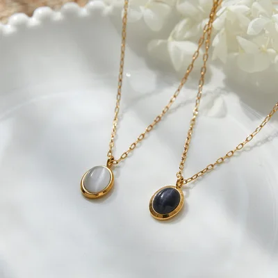 

Vintage Trendy Jewelry Stainless Steel Black White Agate Circle Necklace Gold Plated Opal Oval Pendant Necklace For Women