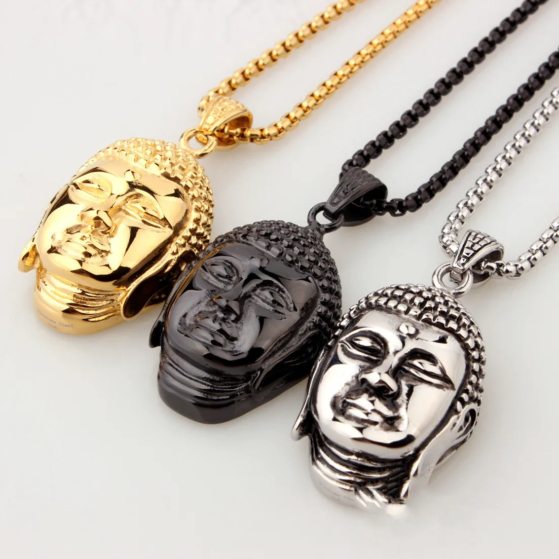 

Wholesale high-end trendy male retro stainless steel Buddha head pendant necklace Buddhist religious necklace, Gold color