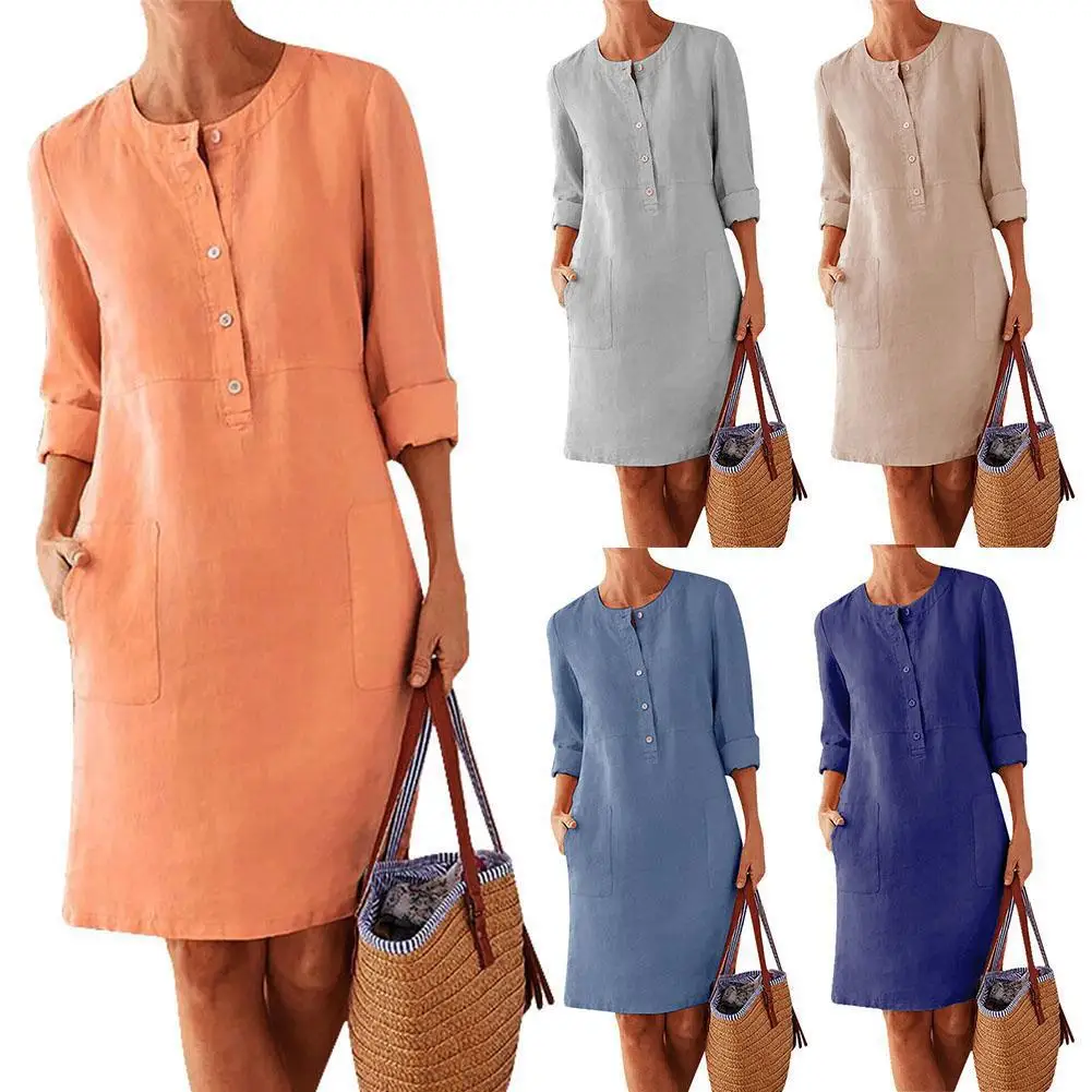 

Spring and Autumn Plus Size Women's Dress Cotton Linen Round Neck Buttoned Long Sleeve Solid Color Stitching Dress With Pockets, As the pictures shown