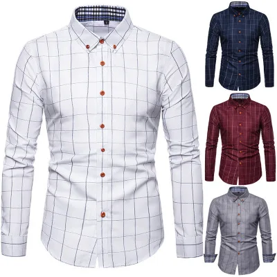 

2020 Mens Clothing Long Sleeve Smart Casual Shirt Button Down Checked Dress Shirts