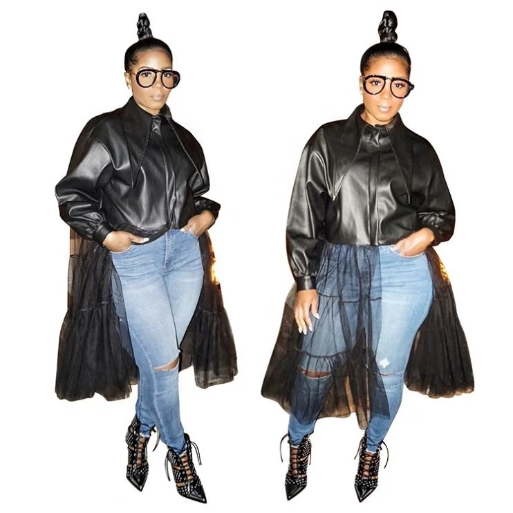 

Hot Onsale 2020 Fall And Winter Fashion Pu Long Coat Leather Jacket Long Sleeve Mesh Splice Womens Jacket And Coats