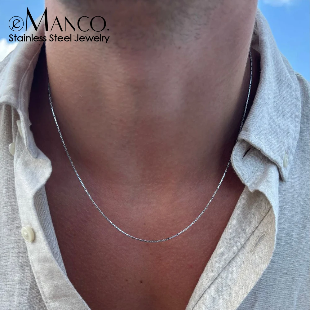 EManco Men's Fashion White Gold Plated Stainless Steel Collarbone Round Snake Wire Chain Fine Necklace for Men