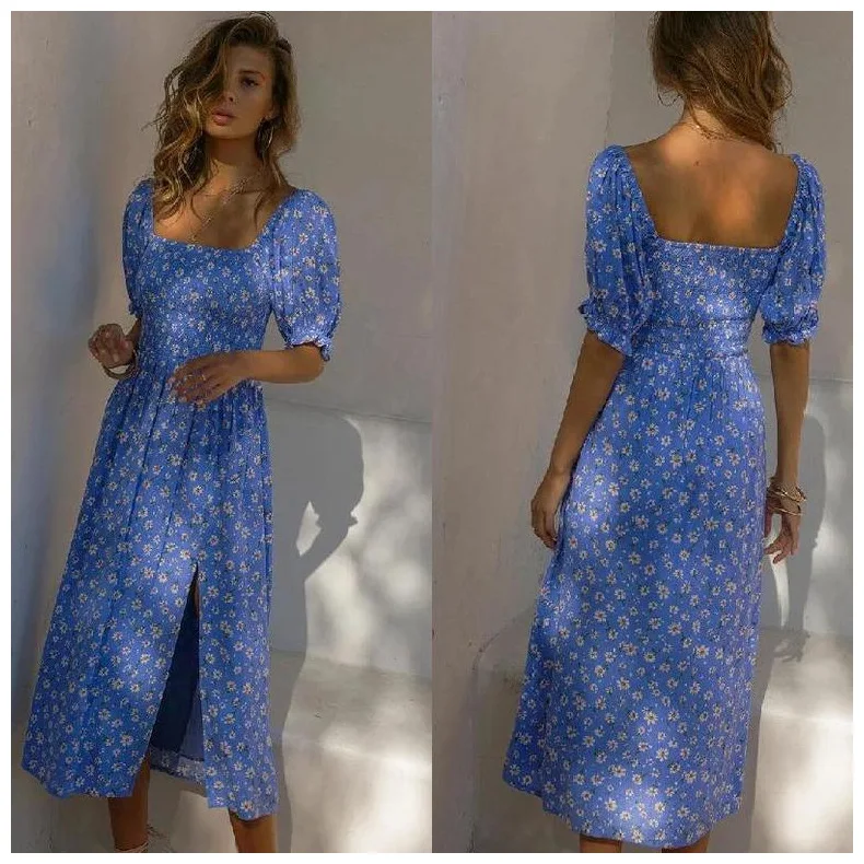 

2021 new summer temperament women's floral print pullover short sleeve casual maxi square neck dress, Customized color