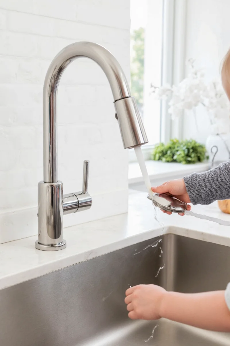 Happy family using new faucet in modern kitchen