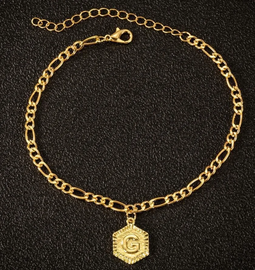 

QIANZUYIN High Quality Jewelry 18k Gold Cuban Link Alloy Pendant Letter Anklet