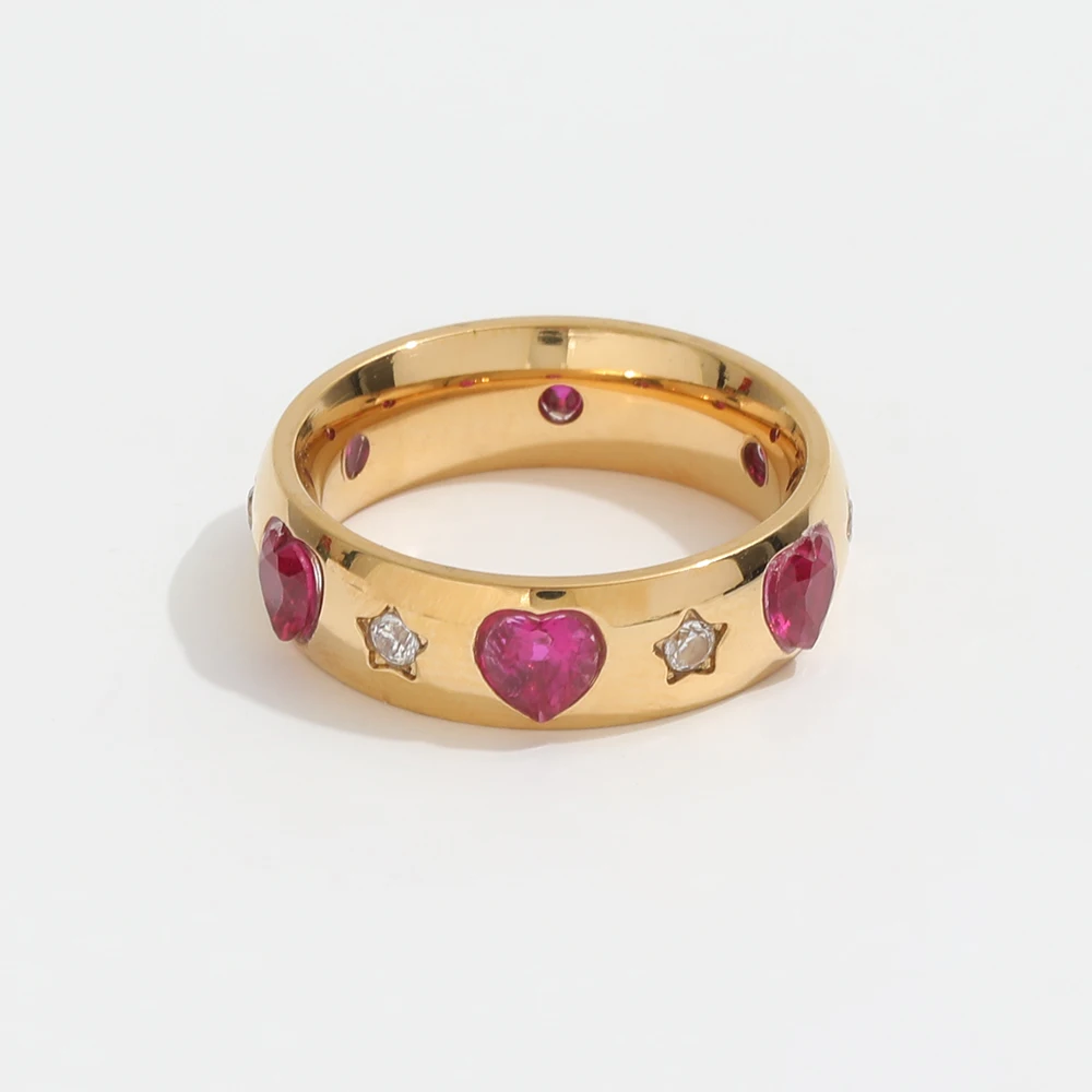 High End 18K Gold Plated Cute Hot Pink  Zirconia  Heart Stainless Steel Rings Trendy Waterproof Gold Jewelry