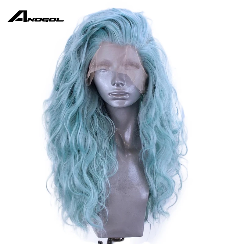 

Anogol Blue High Temperature Fiber Hair Synthetic Lace Front Wigs Medium Deep Wave Wig For Women with Side Part