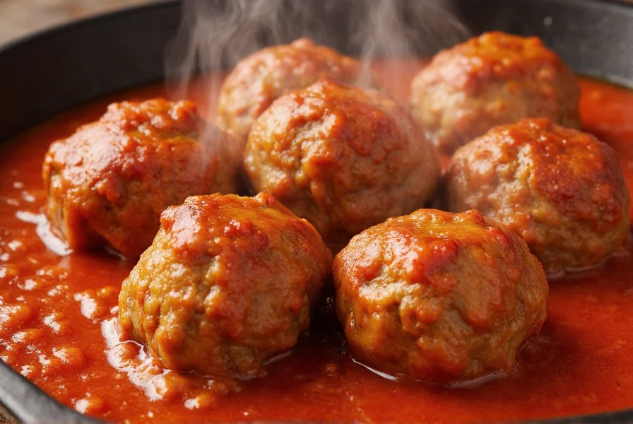 Close-up of glossy sweet and tangy meatballs simmering in red sauce with steam rising, showing the perfect texture and glaze
