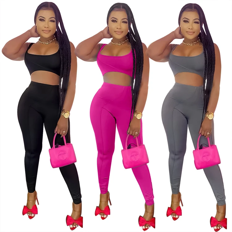 

Drop shipping 2022 New Urban Casual Fashion Ladies Tight Solid Color Suit Two Piece Set, Customized color