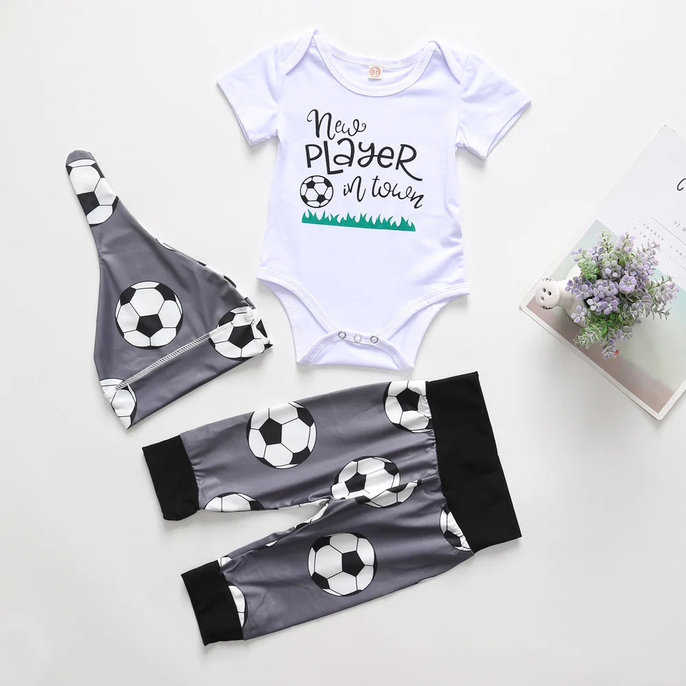 

Spring Toddler Baby Short Sleeve Football Letter Print Romper + Pants +hat Suit