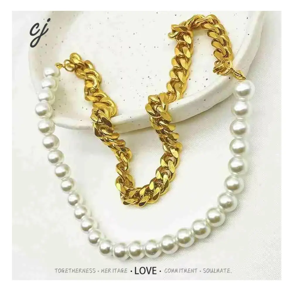 Carline Topsale Hip Hop 18k Gold Plated Stainless Steel Jewelry Cuban Chain Pearl Beaded Necklace Wholesale