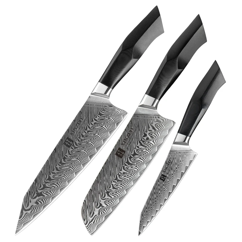 

Hot Selling Carbon Steel Japanese 67 Layers Damascus Steel Knives G10 Handle Sharp Kitchen Chef Knife Set 3 pcs