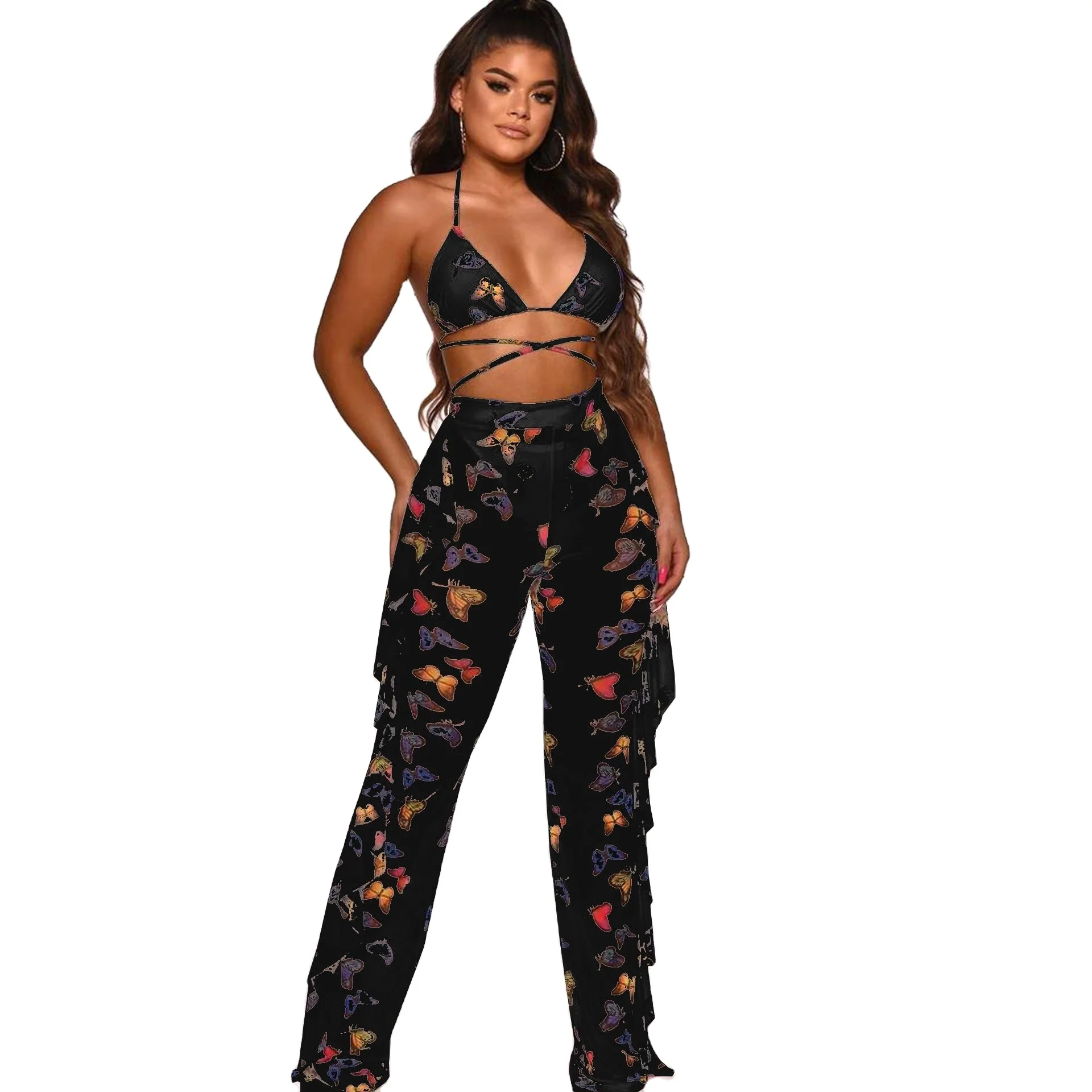 

Fashion Factory Price Mature Women's Digital Print Transparent Mesh 3 Piece Bikini Set swimsuit plus size