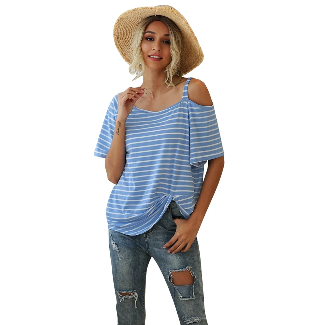 

A1009 2021new popular summer slant neck wide stripe knot short sleeve T-shirt European and American women's top