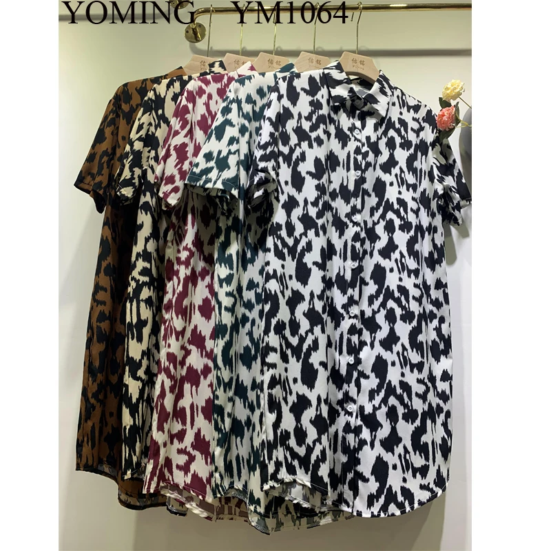 

YOMING YM1064 Fashion Casual Women Shirt Lady Print Blouses Tops Turn-down Collar Short Sleeve Buttons Long Shirts Streetwear, Leopard printed