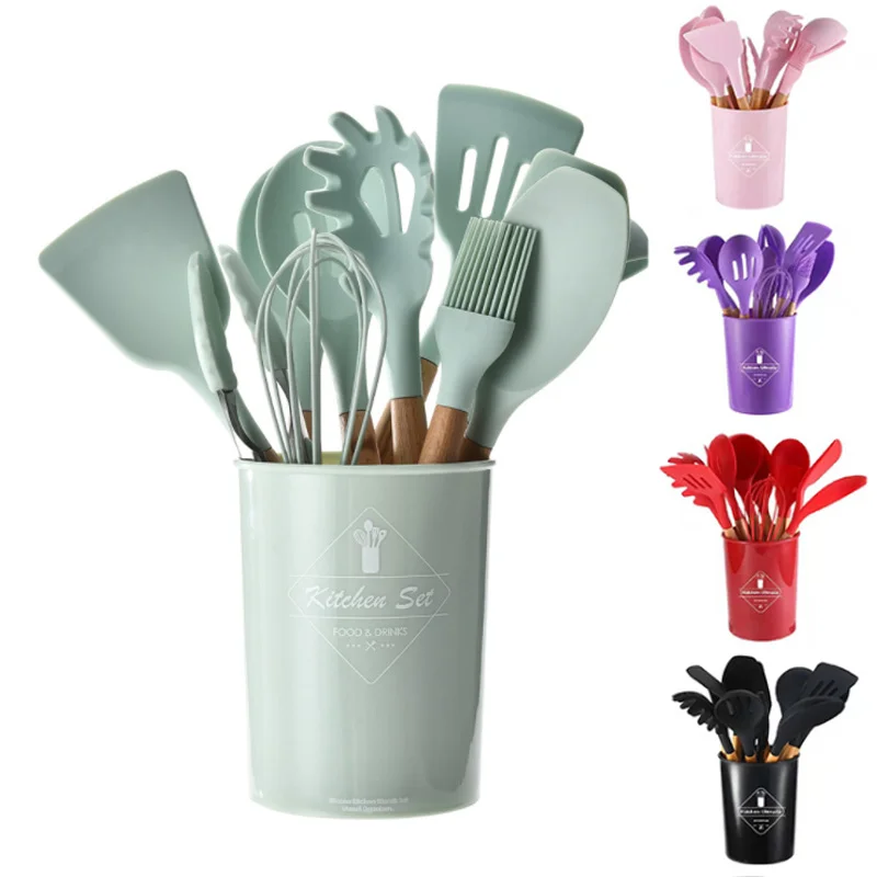 

11 Pieces kitchen accessories Silicone kitchenware Utensil Set with wooden handle