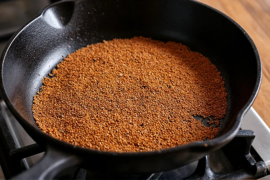 Cumin seeds being toasted in a cast iron skillet showing proper technique