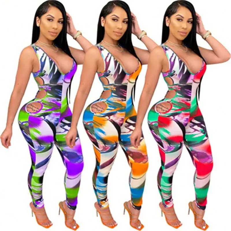 

Summer European American Jumpsuit Sleeveless Printed Jumpsuit Shorts, Picture