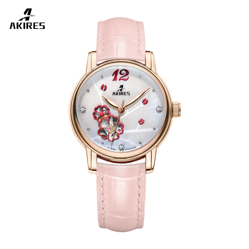 

AKIRES luxury watches Japan movt crystal glass sapphire 316l stainless steel case automatic ladies fashion watch leather wrist