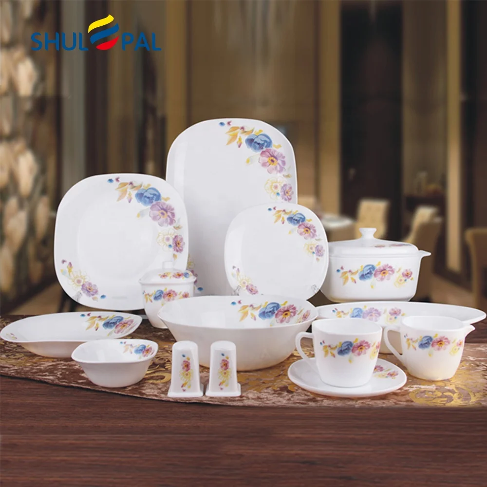 

46Pcs Heat Resistant Opal Dinnerware Opal Glassware Square Decal Dinnerware Set