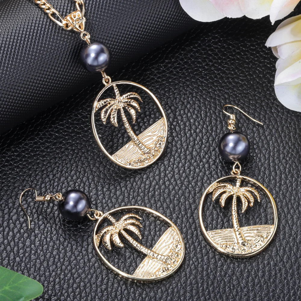 

Cring CoCo Simplicity Jewelry Ellipse Coconut Tree Necklace Polinesian 14K Gold Plated Guam Earrings Set Wholesale Hawaiian, Picture shows