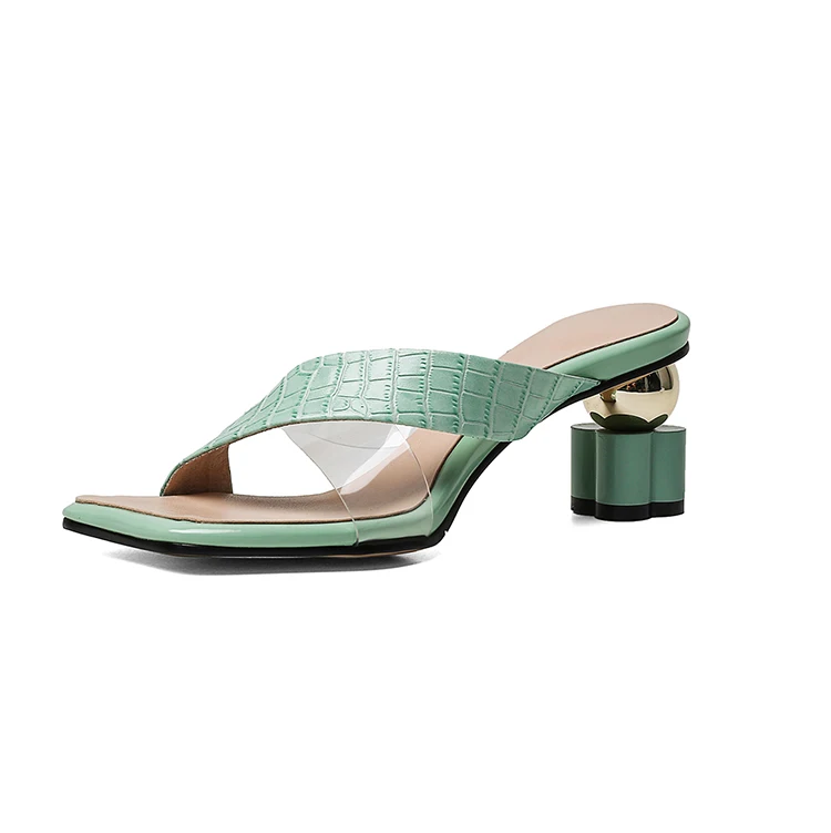 

Open toe real leather low heel slippers green strange heel special design shoes women's slippers, Black, white