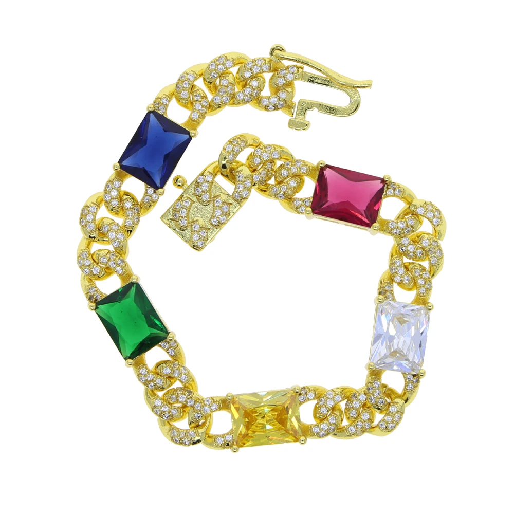

18k gold plated bling diamond charm jewelry micro pave cz colorful rectangle cuban link chain women bracelate
