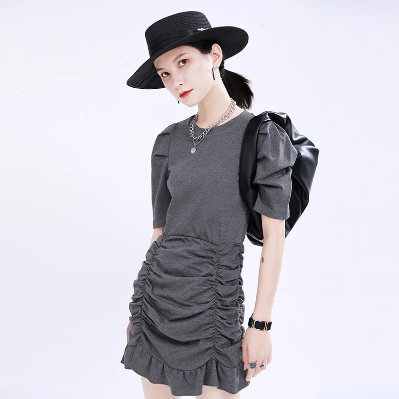 

Undefined Clothes Dress Summer 2023 New Women's Vintage Pleated Puff Sleeves Small Dress Waist Bag Hip Fishtail Short Dress