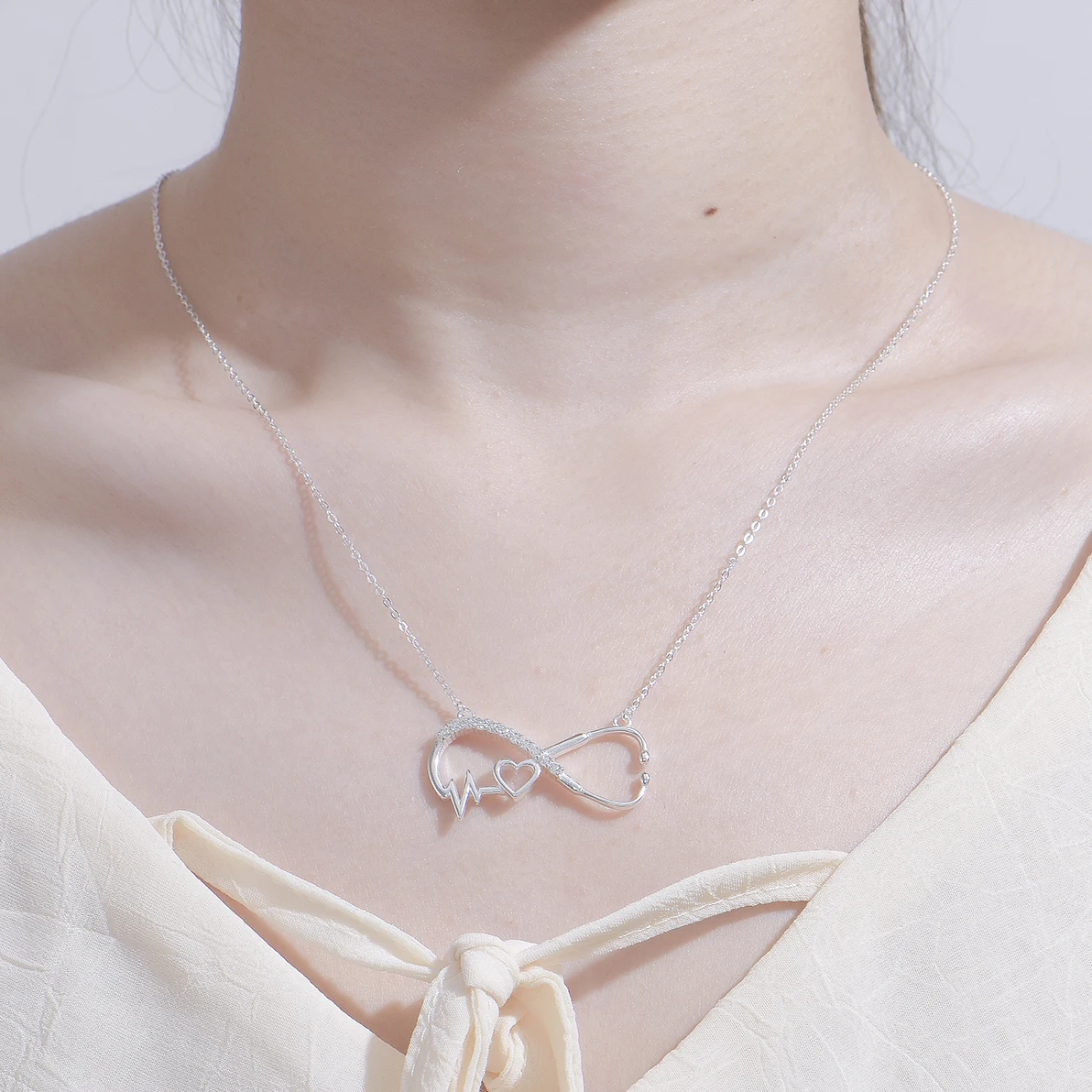 

Fashion Heartbeat Stethoscope Shape Necklace Pendant CZ Diamond Women 925 Sterling Silver Necklace, Rose gold/custom color